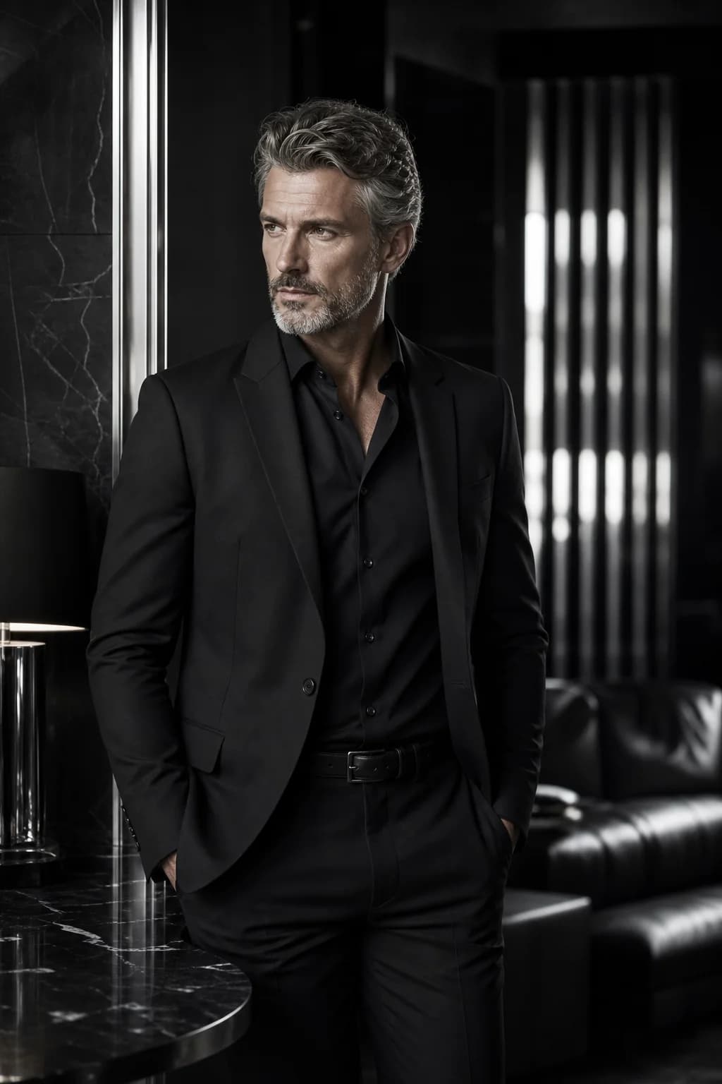 A well-dressed man in a dark emerald blazer, art-deco lounge